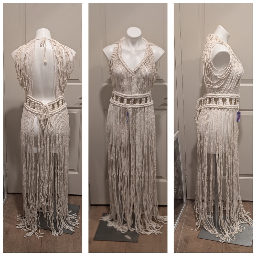 Boho Macrame Off shoulder Rave Cream Fringe Dress